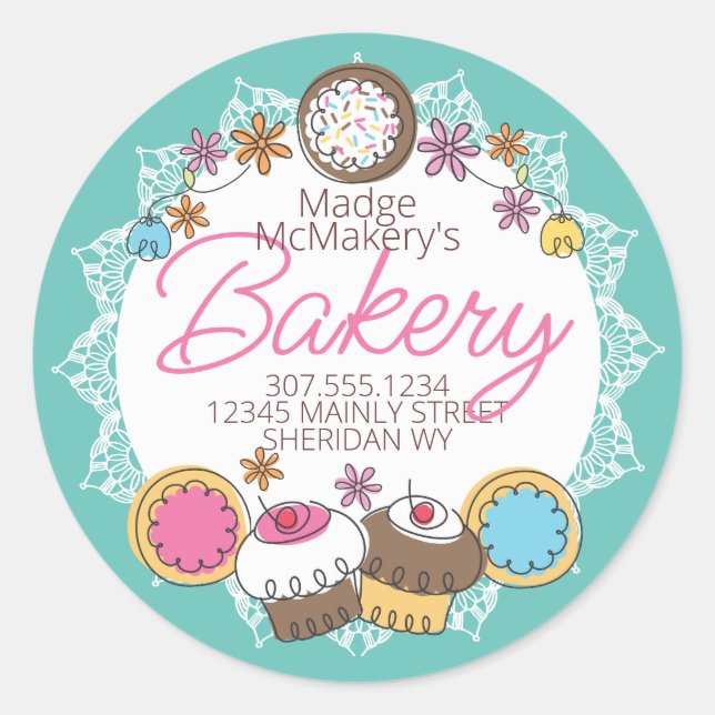 Doodle cookies cupcakes baking bakery personalised classic round sticker (Front)