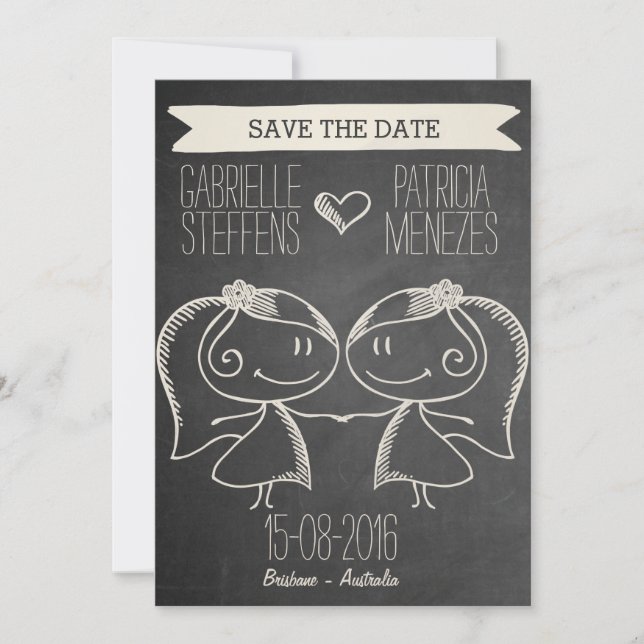 Doodle Couple on Blackboard Lesbian Save the Date (Front)