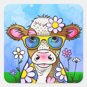 Doodle Cow Portrait Square Sticker