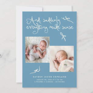 Doodle Cute Bows Denim Blue Photo Birth Announcement