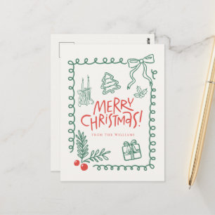 doodle cute whimsical merry christmas postcard