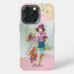 Doodle Dark Hair Girl with Dog Name iPhone 13 Pro Case