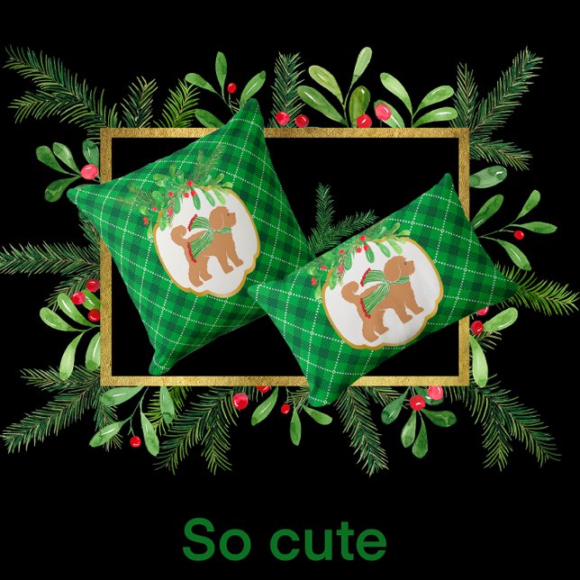Doodle Dog Green Plaid Holiday Throw Pillow (Creator Uploaded)