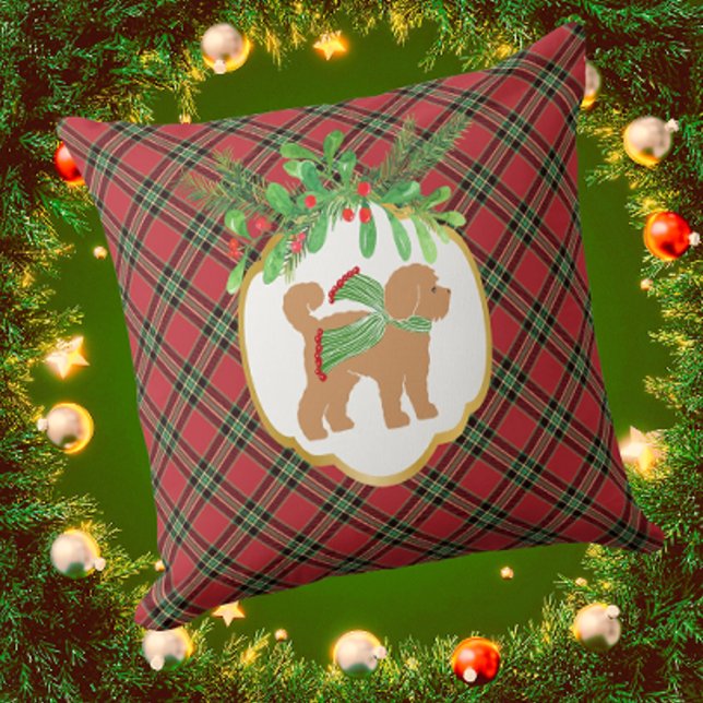 Doodle Dog Red Christmas Plaid Holiday  Cushion (Too cute! )