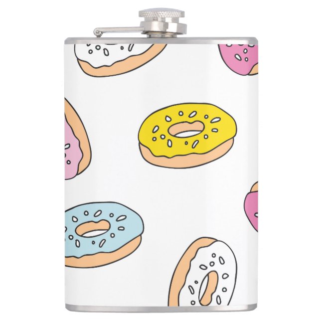 Doodle doughnuts pattern, seamless design. hip flask (Front)