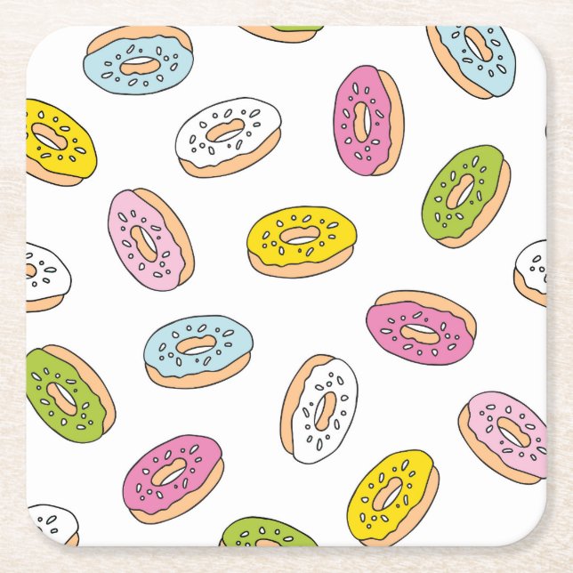 Doodle doughnuts pattern, seamless design. square paper coaster (Front)