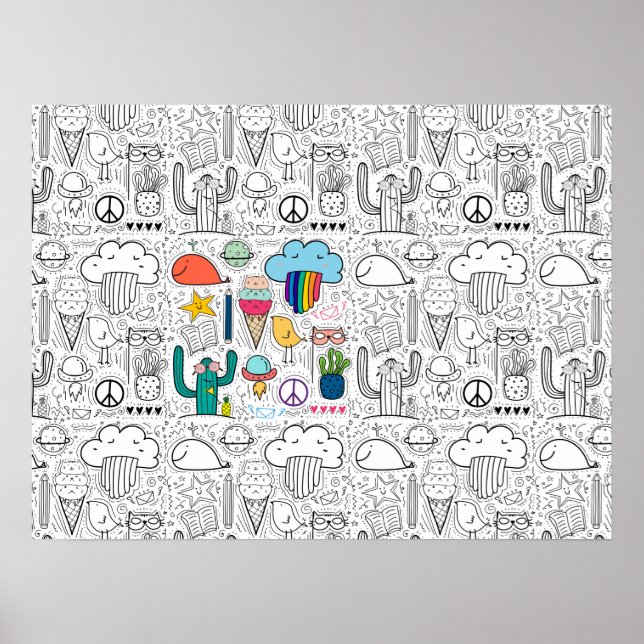 Doodle Drawings for Colouring, Cats, Clouds, Cactu Poster (Front)