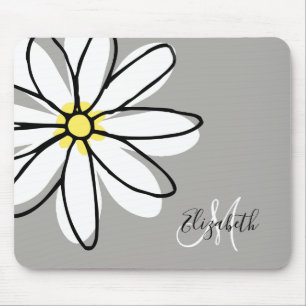 Doodle Drawn Daisy White Monogram Cute Mouse Pad