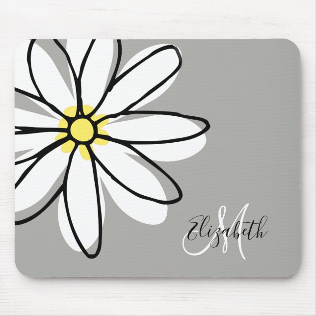 Doodle Drawn Daisy White Monogram Cute Mouse Pad (Front)