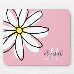 Doodle Drawn Daisy White Pink Monogram Cute Mouse Pad