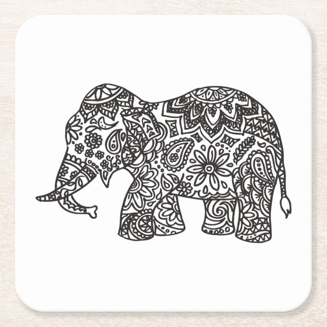 Doodle Elephant Square Paper Coaster (Front)