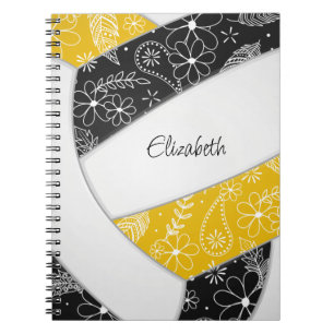 doodle feathers black gold boho volleyball notebook