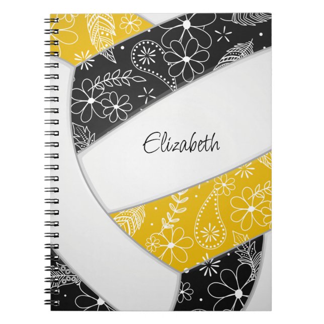 doodle feathers black gold boho volleyball notebook (Front)