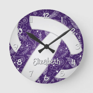 doodle feathers flowers purple boho volleyball round clock