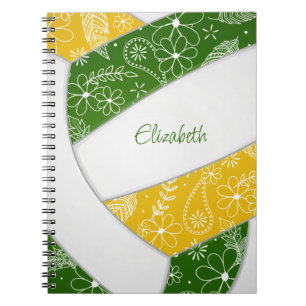 doodle feathers green gold boho volleyball notebook