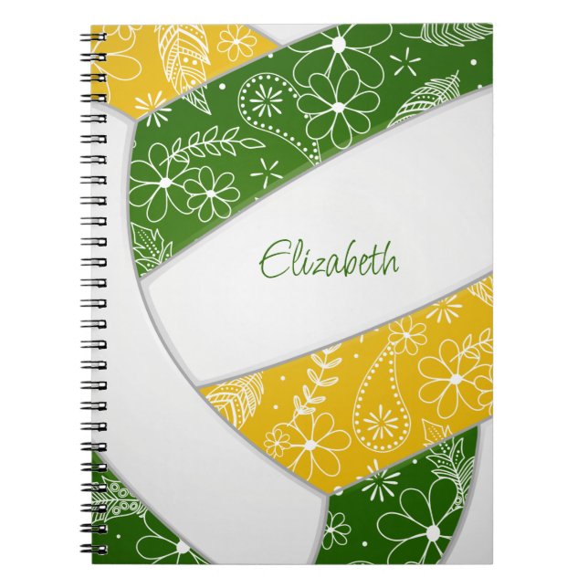 doodle feathers green gold boho volleyball notebook (Front)