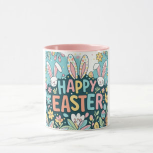 Doodle Floral Happy Easter Bunnies Mug