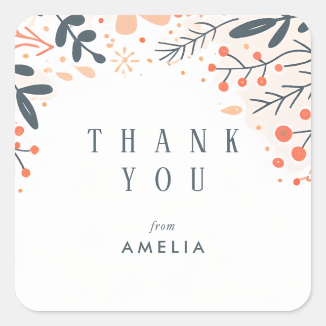 Doodle Floral Personalised Name Thank You  Square Sticker (Front)