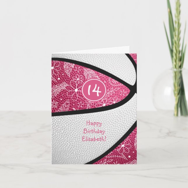 doodle floral pink white girly basketball birthday card (Front)