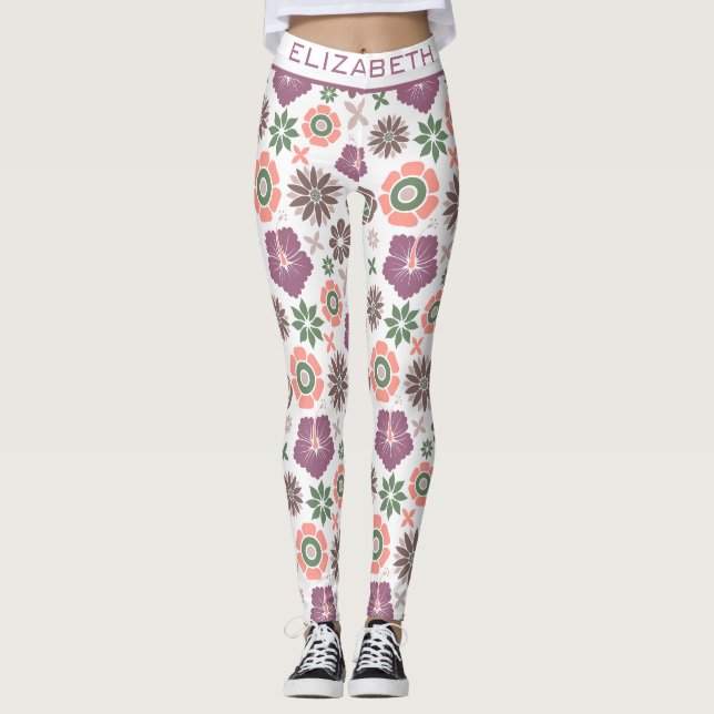 Doodle floral seamless pattern personalised name  leggings (Front)
