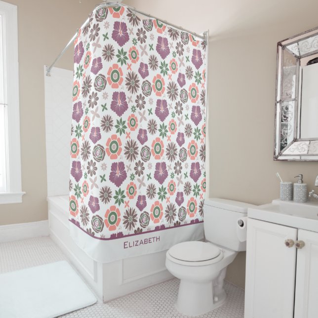 Doodle floral seamless pattern personalised name  shower curtain (In Situ)