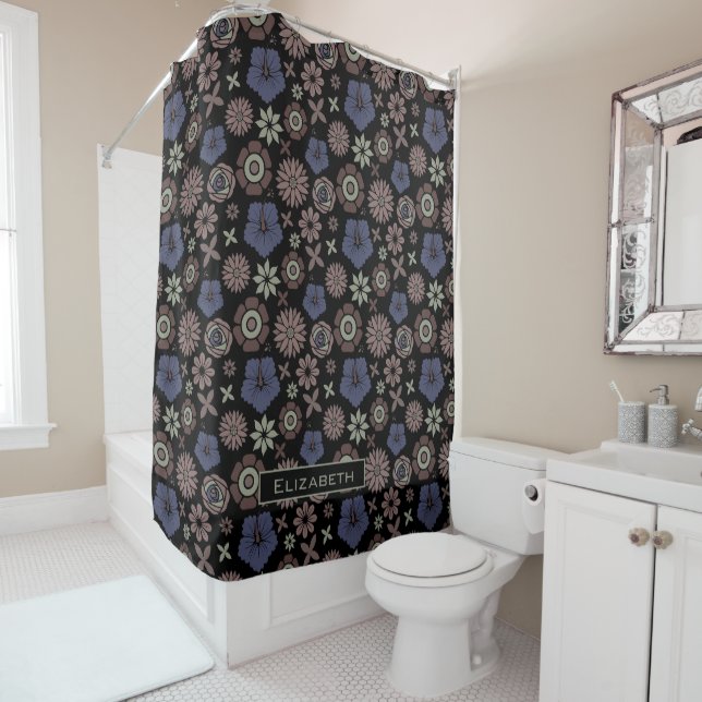 Doodle floral seamless pattern personalised name  shower curtain (In Situ)