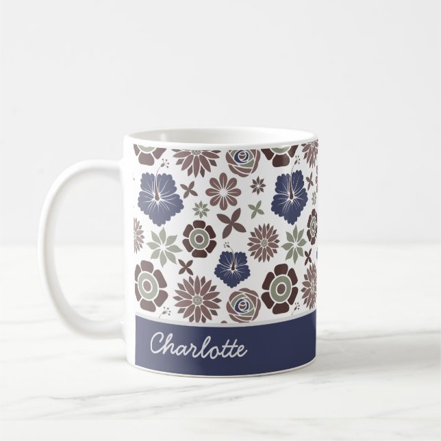 Doodle floral surface pattern personalised name coffee mug (Left)