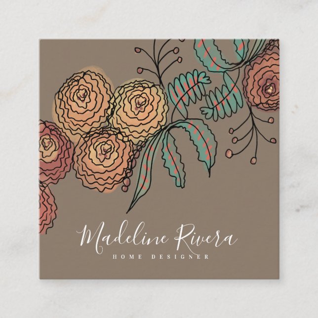 Doodle Florals Wreath Sprigs Greenery Designer Square Business Card (Front)