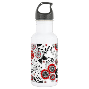 Doodle flowers and leaves in red and black 532 ml water bottle