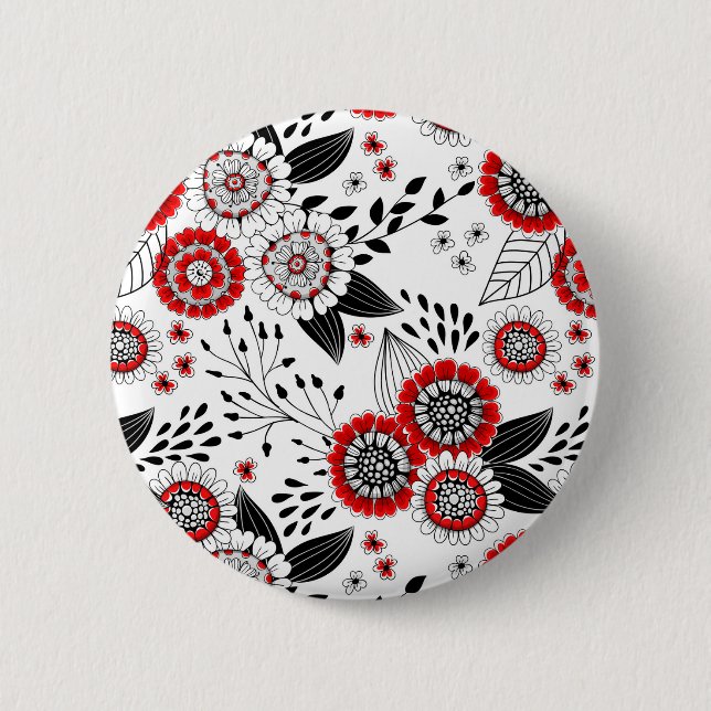 Doodle flowers and leaves in red and black 6 cm round badge (Front)