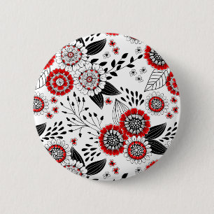 Doodle flowers and leaves in red and black 6 cm round badge