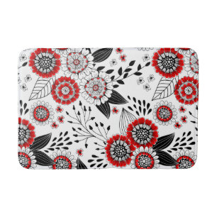 Doodle flowers and leaves in red and black bath mat