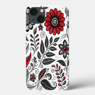 Doodle flowers and leaves in red and black iPhone 13 case