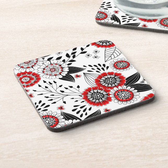 Doodle flowers and leaves in red and black coaster (Left Side)