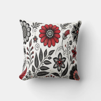 Doodle flowers and leaves in red and black cushion