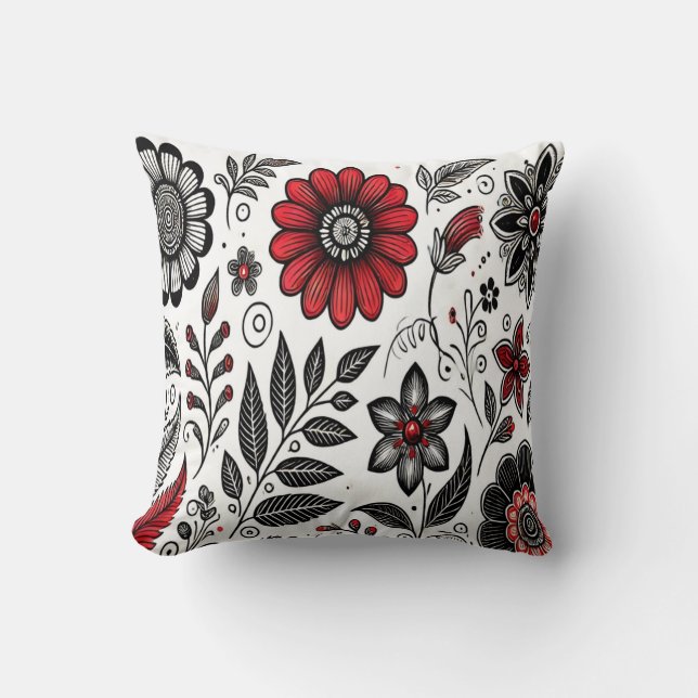 Doodle flowers and leaves in red and black cushion (Front)