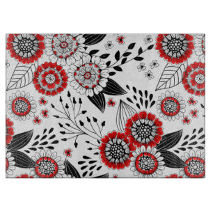 Doodle flowers and leaves in red and black cutting board