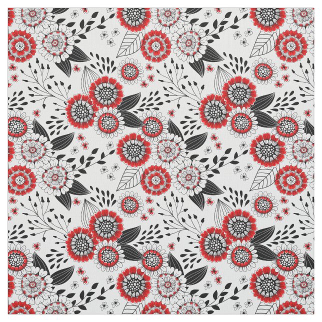 Doodle flowers and leaves in red and black fabric (Swatch)