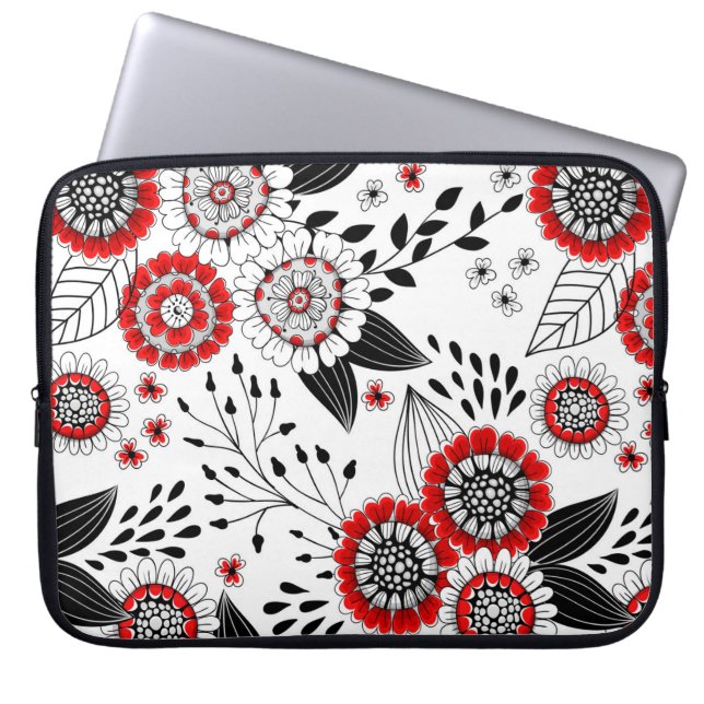 Doodle flowers and leaves in red and black laptop sleeve (Front)