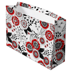 Doodle flowers and leaves in red and black large gift bag