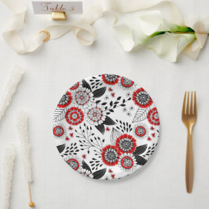 Doodle flowers and leaves in red and black paper plate