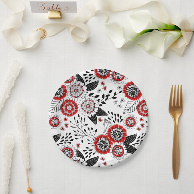 Doodle flowers and leaves in red and black paper plate (Wedding)