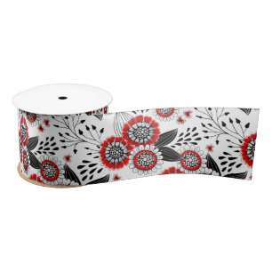 Doodle flowers and leaves in red and black satin ribbon