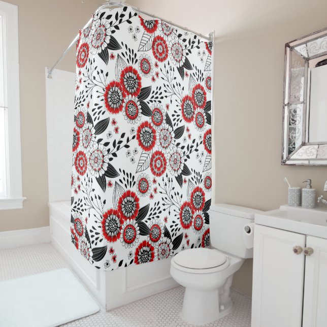 Doodle flowers and leaves in red and black shower curtain (In Situ)