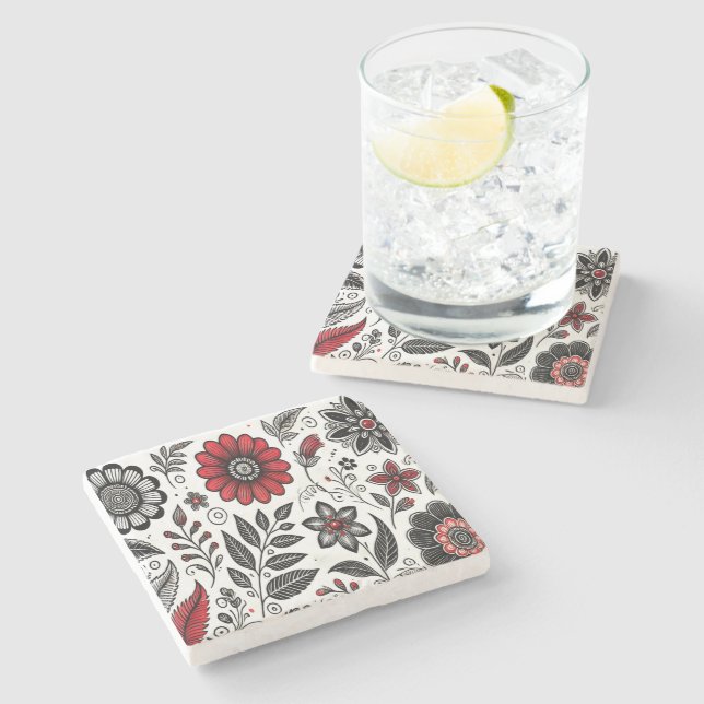 Doodle flowers and leaves in red and black stone coaster (Side)