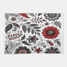 Doodle flowers and leaves in red and black