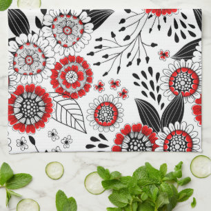 Doodle flowers and leaves in red and black tea towel