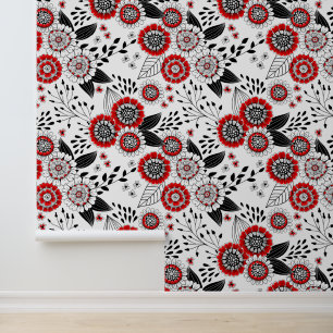 Doodle flowers and leaves in red and black wallpaper