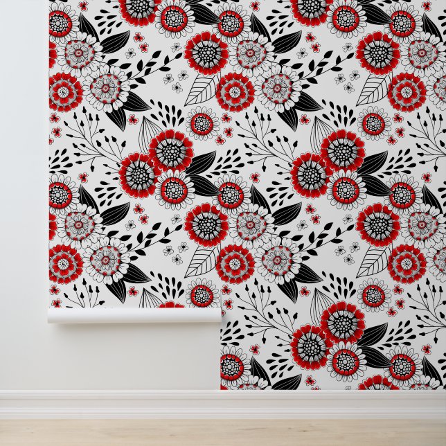 Doodle flowers and leaves in red and black wallpaper (Application)