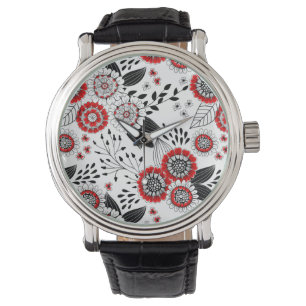 Doodle flowers and leaves in red and black watch